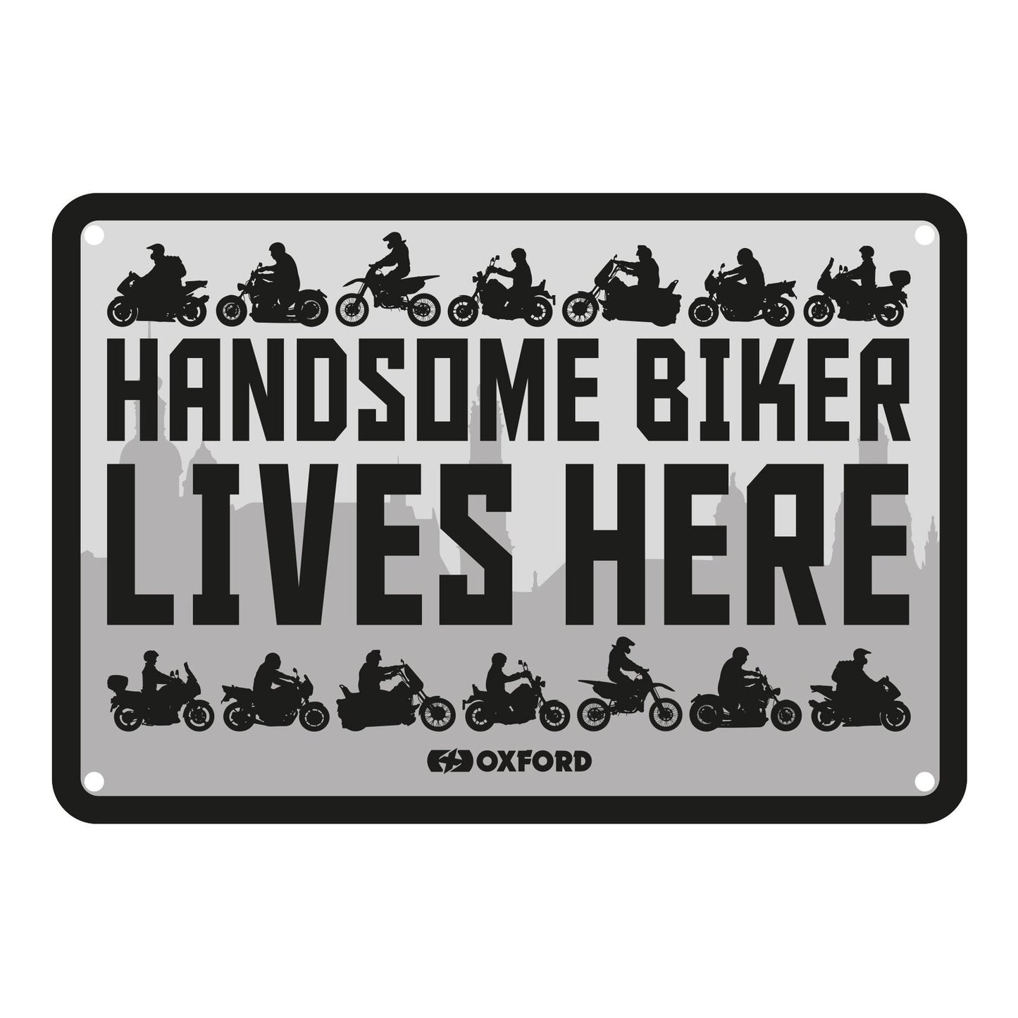 Oxford Garage Metal Sign: Handsome Biker Lives Here
