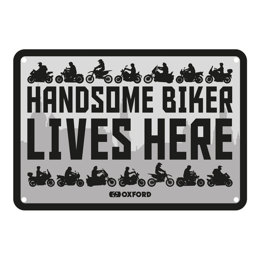 Oxford Garage Metal Sign: Handsome Biker Lives Here