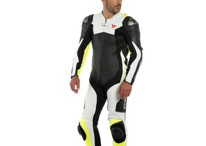 DAINESE ASSEN 2 1PC PERFORATED SUIT BLACK WHITE FLURO YELLOW