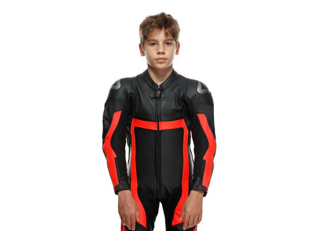 DAINESE GEN-Z JUNIOR 1PC PERFORATED SUIT BLACK FLURO RED BLACK