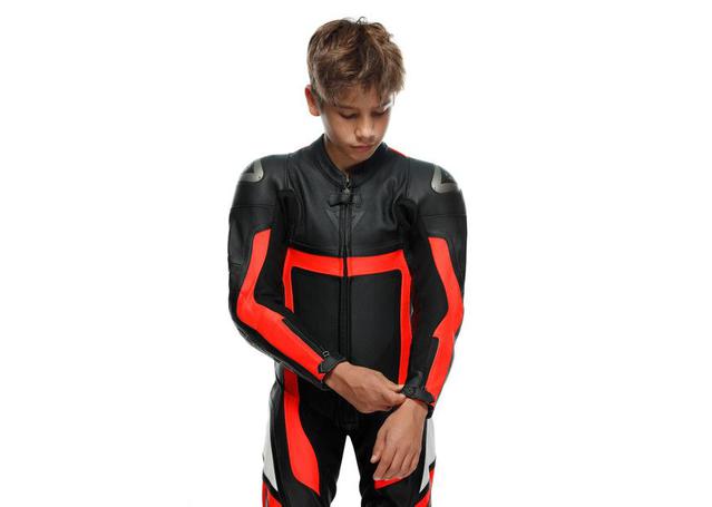 DAINESE GEN-Z JUNIOR 1PC PERFORATED SUIT BLACK FLURO RED BLACK
