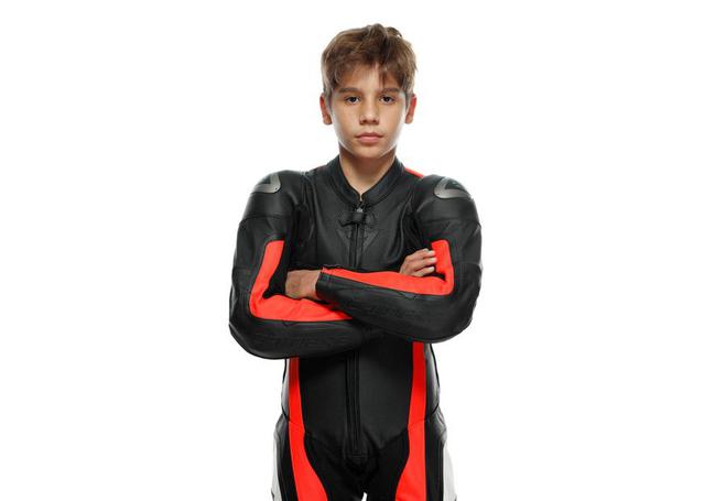 DAINESE GEN-Z JUNIOR 1PC PERFORATED SUIT BLACK FLURO RED BLACK