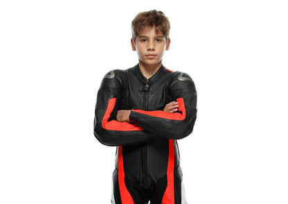 DAINESE GEN-Z JUNIOR 1PC PERFORATED SUIT BLACK FLURO RED BLACK