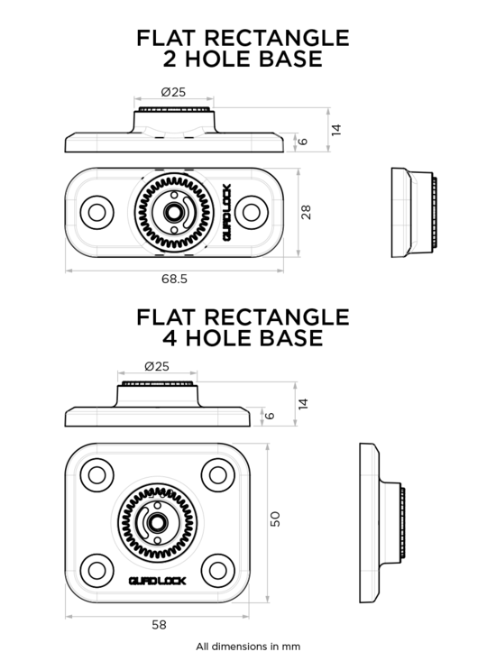 Quad Lock 360 Base - Flat Rectangle 4 Hole - Black